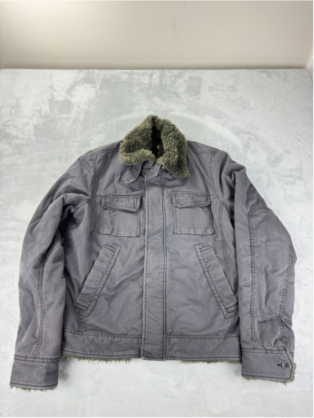 Diesel Jacket Mens Large Gray Sherpa Lined Canvas Bomber Faux Fur Winter